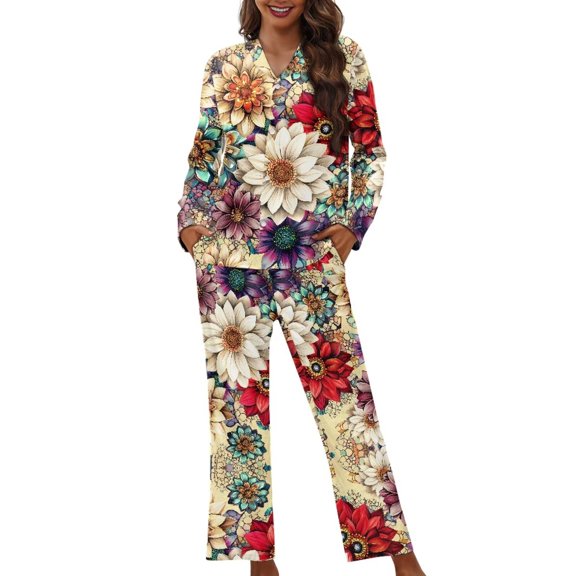 Garronmavis Bright Flower Women's Cozy Pajama Set with Pants V-Neck Button Down Sleepwear Set Long Sleeve Warm Cozy Loungewear 2-Piece Nightwear