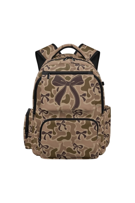 Brown Camo Bow Bookbag for Girls 10-12 Daypack Backpacks with Adjustable Strap Portable Handle 17 Inch Knapsack Padded Rucksack for Travel