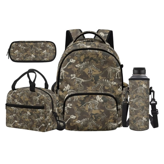 Garronmavis Brown Camo Dinosaur Skeleton Allover Print Children Backpack Combo, 17 Inch Prehistoric Theme Boys School Bag with Thermal Lunch Pack, Pen Case and Drink Bottle Holder