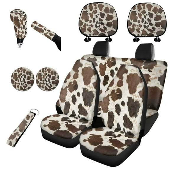 Garronmavis Brown Cow Point Print Seat Covers Full Set Light Breathable Car Seat Protector with Auto Headrest Cover Handbrake Gear Shift Knob Cover Auto Cup Coaster Wristlet Keychain