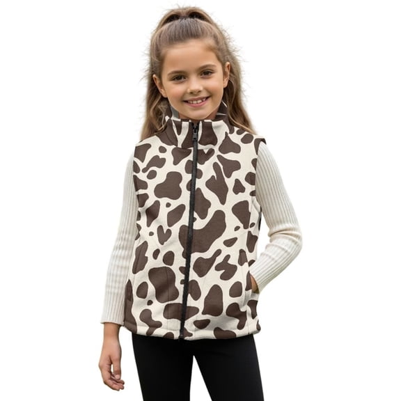 Garronmavis Brown Cow Print Girls Sleeveless Vests Size 5-6 Comfortable Zipper Winter Sleeveless Jacket with Pockets for Girls Warm Lightweight Winter Coat with Pocket for Daily Life