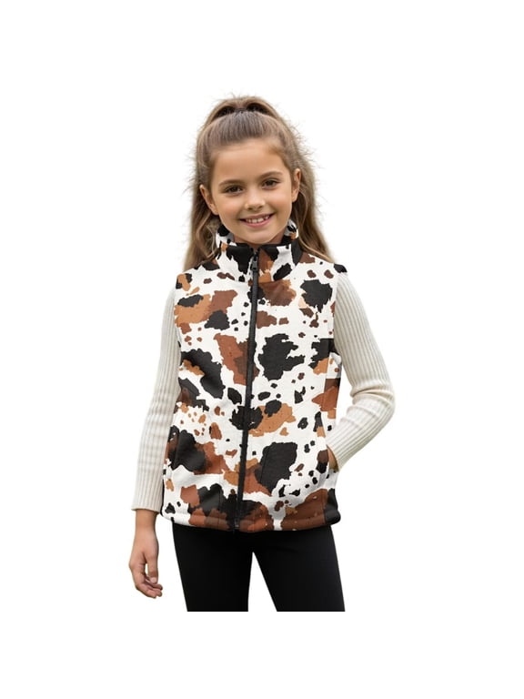 Brown Cow Print Kids Vest Size 11-12 Wind Proof Boys Zippered Vests Versatile Winter Lightweight Sleeveless Jacket with Pocket Fashion Warm Sleeveless Jacket for Spring Fall