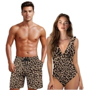 Garronmavis Brown Leopard Couple Swimsuits Matching Set Him and Her Womens Ruffled One Piece Swimsuit V Neck Lace Up Bathing Suits Mens Quick Dry Swim Trunks Drawstring Beach Shorts