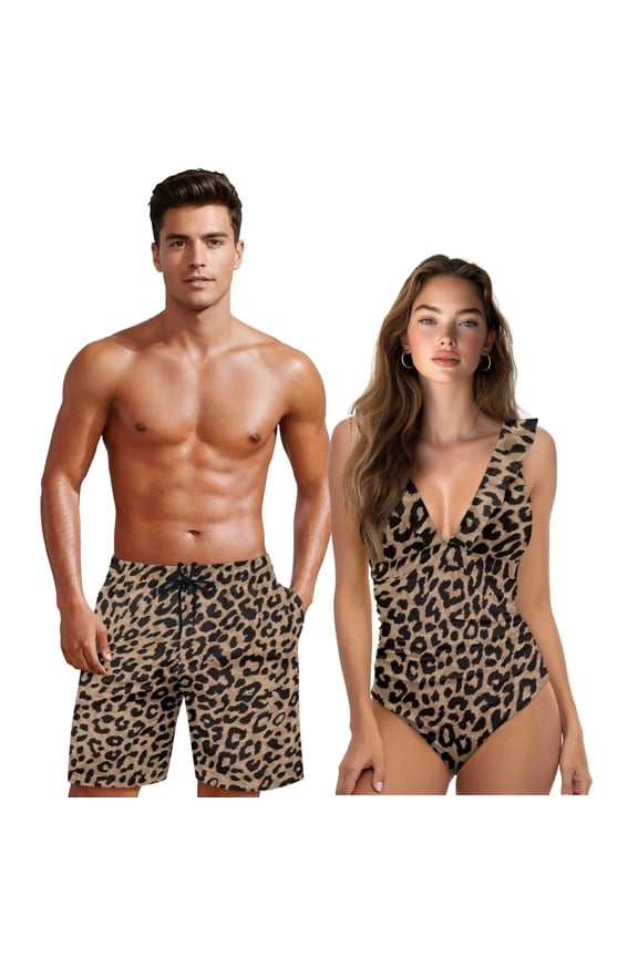 Brown Leopard Couple Swimsuits Matching Set Him and Her Women's Ruffled One Piece Swimsuit V Neck Lace Up Bathing Suits Men's Quick Dry Swim Trunks Drawstring Beach Shorts