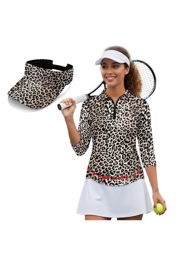 Brown Leopard Women's Golf Shirt and Sun Visor Hat Set Lightweight 3/4 Sleeve Golf Shirts Fit Plain Sports Sun Visor Hat for Camping Fishing Music Festival Machine Washable