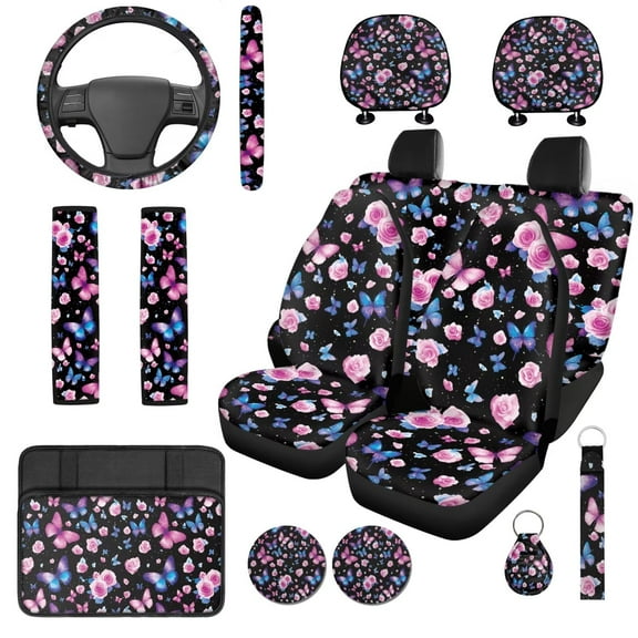 Garronmavis Butterfly Flower Car Seat Covers Set 14 Pcs Headrest Protector Car Steering Wheel Cover Armrest Cover Car Seat Belt Covers Key Ring and Cup Coaster Universal Fit for Auto Cars SUV