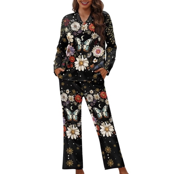 Garronmavis Butterfly Flower Pajamas Set for Women Long Sleeve Classic Button Down Sleepwear Notch Collar Long Pjs Set Casual Loungewear