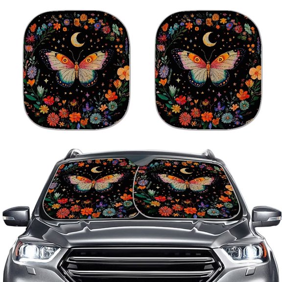 Garronmavis Butterfly Moon Flower 2 Pack Car Front Windshield Anti-UV Sunshade ,Reflected Sun Glare Car Interior Protector Sunshades Easy to Install
