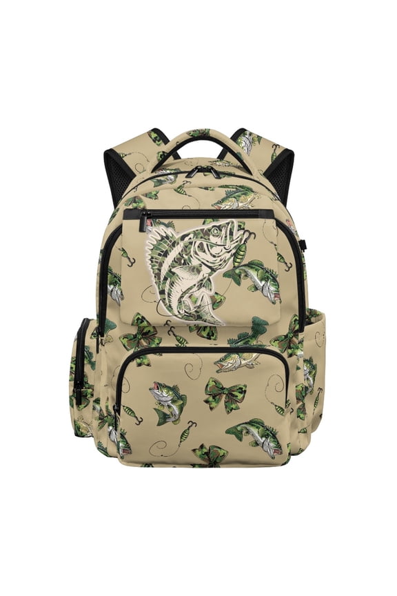 Camo Bass Fish School Backpack for Boys 8-10 Bookbags 17 Inch Portable Handle Knapsack with Zipper Multi Compartments School Bag