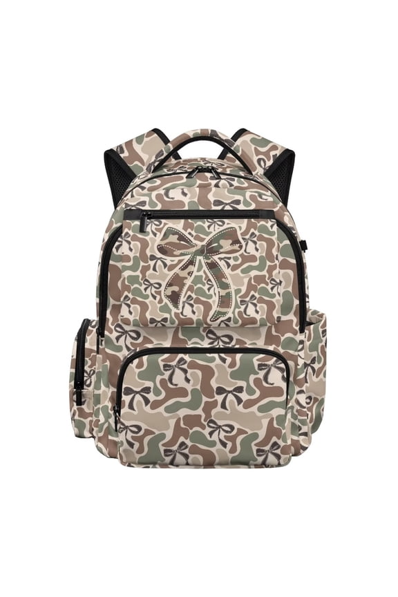 Camo Bow Print Backpack Girls Smooth Zippers School Bag Large Capacity Book Bag 17 inch for 10Y-12Y Elementary School Students Daily Use