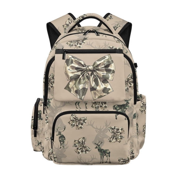 Garronmavis Camo Deer Bow Bookbag for Girls 10-12 Daypack Backpacks with Adjustable Strap Portable Handle 17 Inch Knapsack Padded Rucksack for Travel