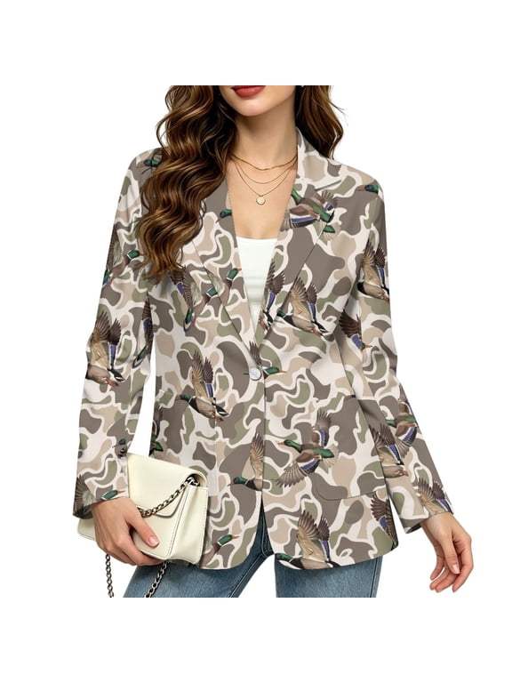 Camo Duck Print Casual Blazer for Women, Long Sleeve Single Button Work Office Suit Jacket with Pockets, Fashion Slim Fit Lapel Outerwear for Business Daily Wear, XS