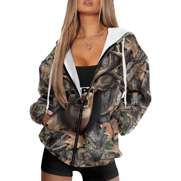 Garronmavis Camo Forest Deer Women's Long Sleeve Sweatshirts Fashion Versatile Full Zip Up Sweatshirts for Women Size 2XL Smooth Warm Oversized Fit Fall Coat with Pocket