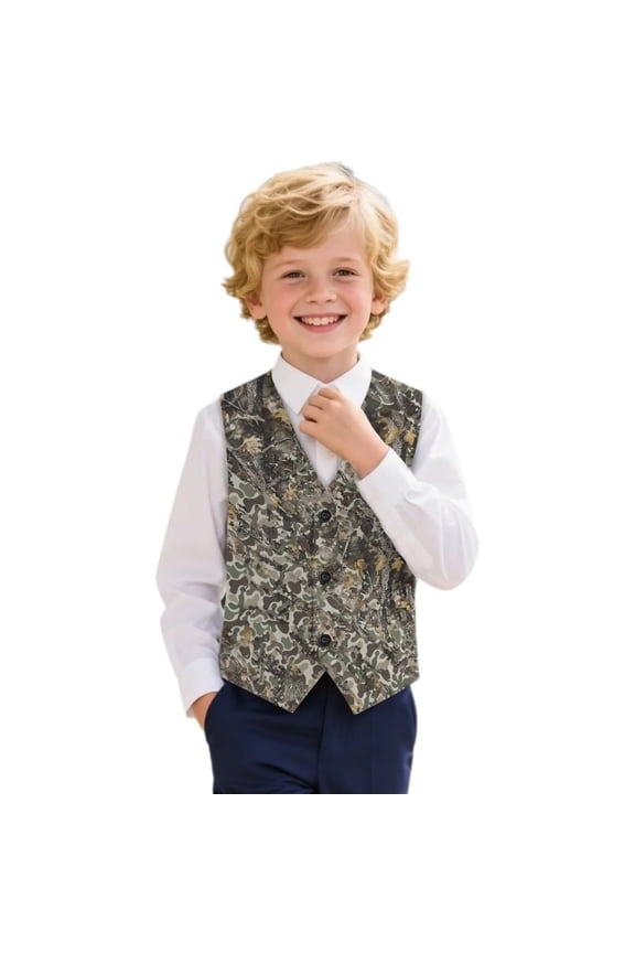 Camo Forests Boys Outerwear Vests Versatile Boy's 3 Button Formal Suit Vest Lightweight 3-button Single Breasted Closure & 2 Slit Pockets Fashion Fall Winter Clothes