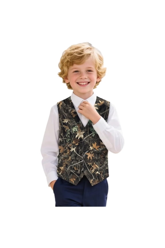 Camo Hunting Forest Boys Suit Vest Lightweight Fall Winter Warm Waistcoat Outerwear Fashion Sleeveless Slim Fit Vests Outfit Comfortable Adjustable Back Strap Vests