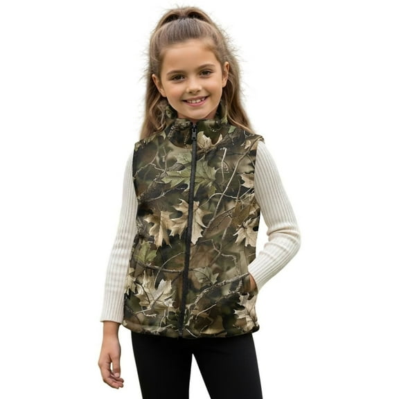 Garronmavis Camo Hunting Forest Full Zip Vest Wind Proof Boys Zippered Vest Comfortable Winter Lightweight Sleeveless Jacket with Pocket Soft Warm Sleeveless Jacket for Spring Fall