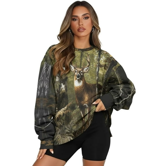 Garronmavis Camo Pullover for Women Oversized Deer Camo Hunter Crewneck Loose Fit Fall Winter Outfits with Pockets Pullover for Women, Size S