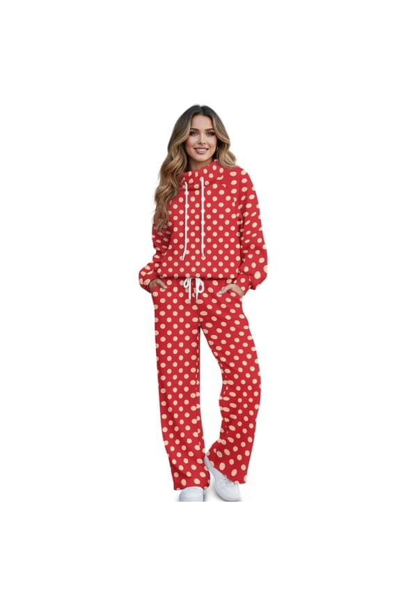 Polka Dot Sweat Set Sweatsuits Women 2 Piece Outfit Hoodies with Sweatpants Track Suits Casual Running Jogging Sport Comfort Suit Sets Red, Size L