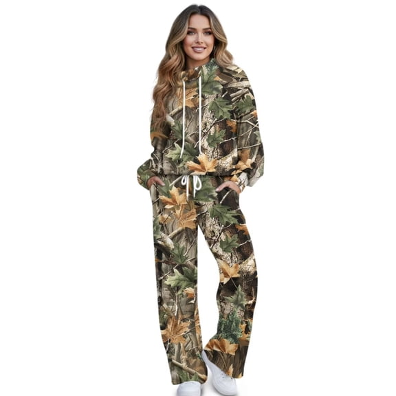 Garronmavis Camo Sweatsuits for Women 2 Piece Outfits Maple Leaf Print Hoodie Sweat Sets Pants Camouflage Tracksuits Lounge sets, Size M