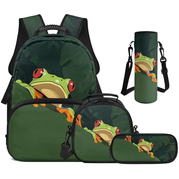 Garronmavis Camo Tree Frog Kids Boys Backpack 4-Piece Set - Includes School Backpack, Lunch Bag, Pencil Case, Water Holder Case, Lightweight School Bag for Outdoor Picnic