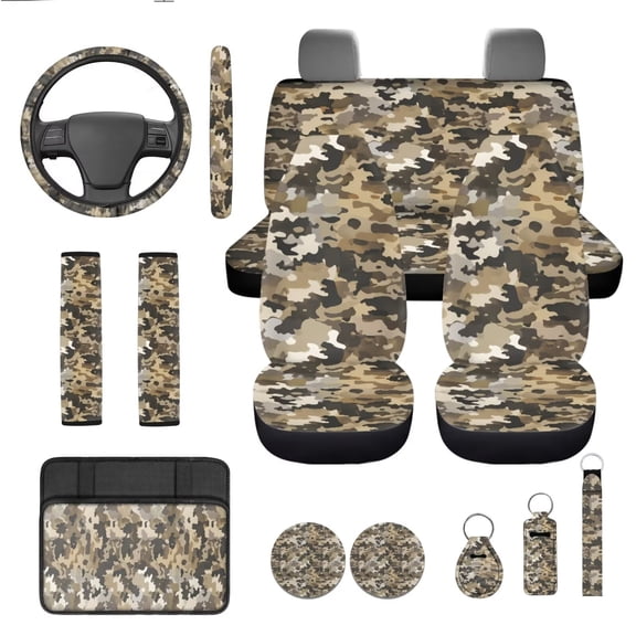 Garronmavis Camouflage 13 Pack Car Accessories Set Front Seat Cover and Rear Seat Belt Pad Console Cover Interior Cup Holder Mats Key Chain Lanyard Lipstick Cover