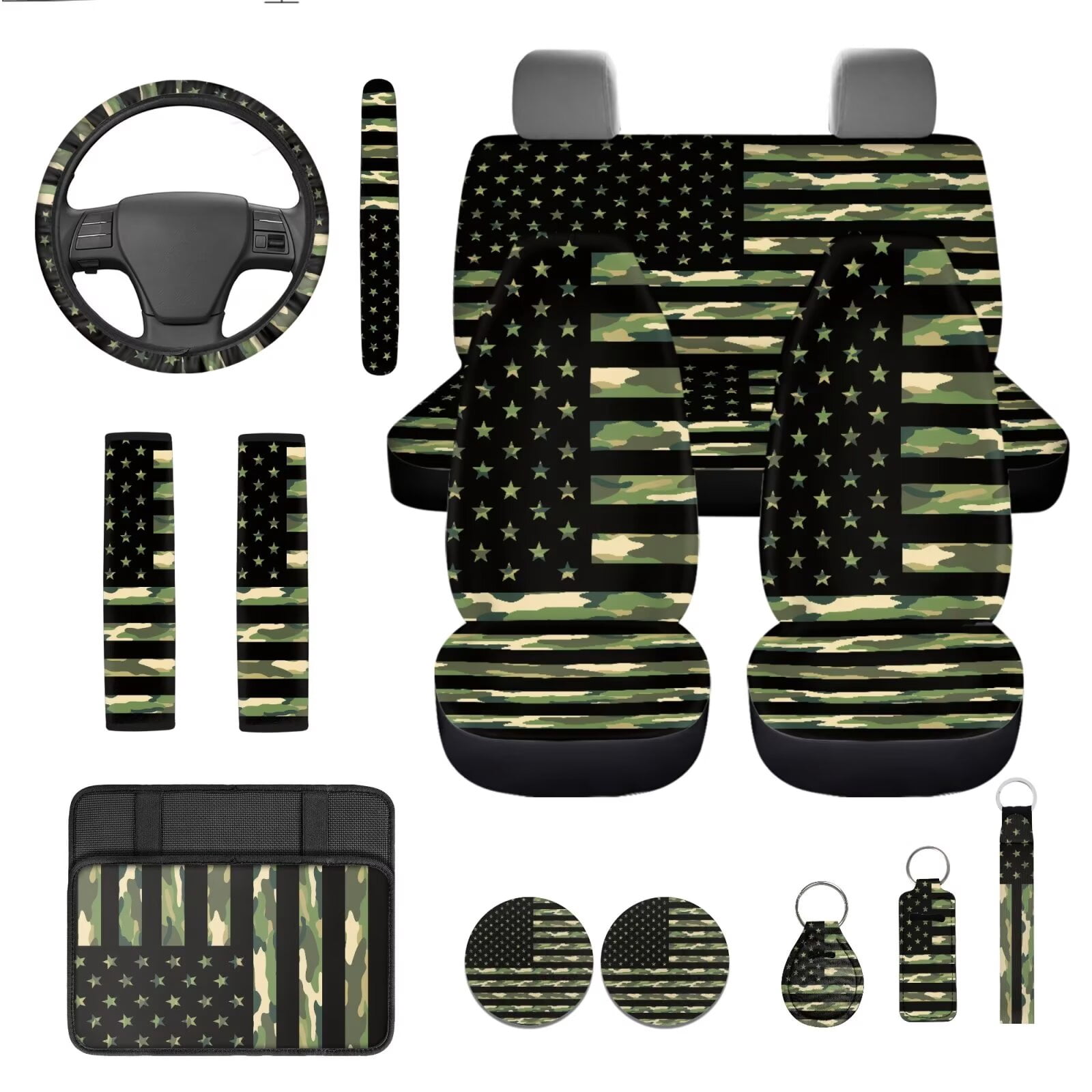 Garronmavis Camouflage American Flag Car Front Rear Bench Seat Protector Covers 13 Pieces Set, Seatbelt Pads, Armrest Pad,Steering Wheel Cover, Auto Coasters, Keychain, Key Ring Chapstick Holder