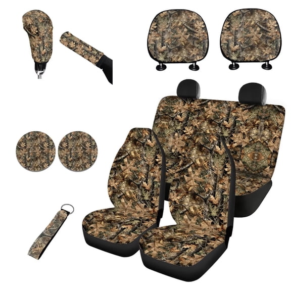 Garronmavis Camouflage Hunting Forest Car Seat Covers Full Set Protector Seats with Car Seat Headrest Cover Lanyards Key Chain Auto Cup Pad Gear Shift Knob and Handbrake Sleeve