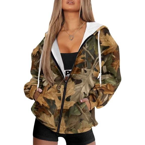 Garronmavis Camouflage Leaves Zip Up Hoodies for Women Lightweight Cozy Womens Oversized Zip Up Sweatshirt Washable Versatile Oversized Sweatshirts Long Sleeve Shirts Loose Fit