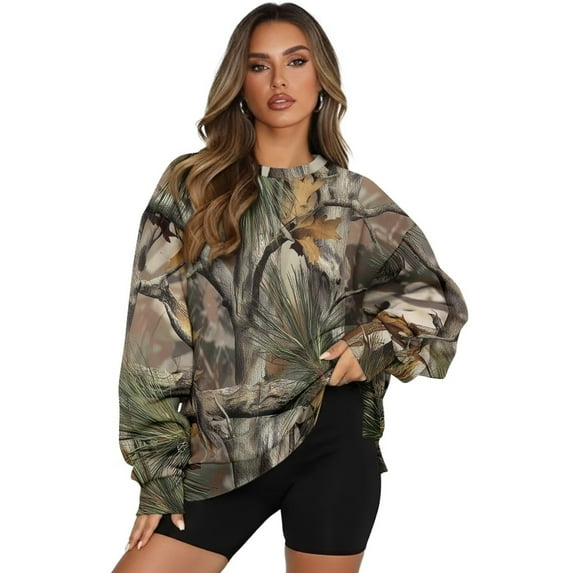 Garronmavis Camouflage Pullover for Women Oversized Duck Camouflage Long Sleeve Lightweight Daily Top Crewneck Pullover for Women, Size S