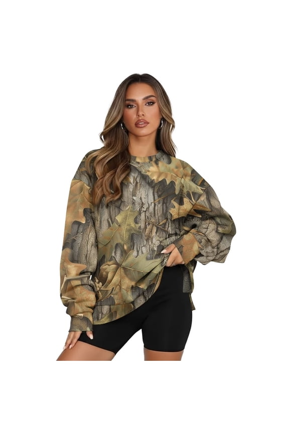 Camouflage Sweatshirt for Women Size L Oversized Camo Hunting Wood Crewneck Loose Fit Long Sleeve Tops with Pockets Pullover Sweatshirts for Women