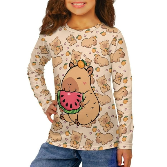 Garronmavis Capybara Girls Long Sleeve T-Shirts 3-4 Comfortable Watermelon Soft Basic Crewneck Tees for Kids Soft Long Sleeve Crew Neck T-Shirts Warm Casual Clothes for Girls