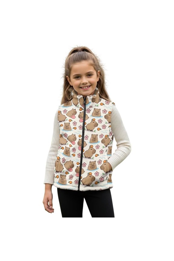 Capybara Girls Sleeveless Vests Size 4T Stylish Flowers Zipper Winter Sleeveless Jacket with Pockets Lightweight Girls Outerwear Vest Polyester Fall Winter Warm Outwear