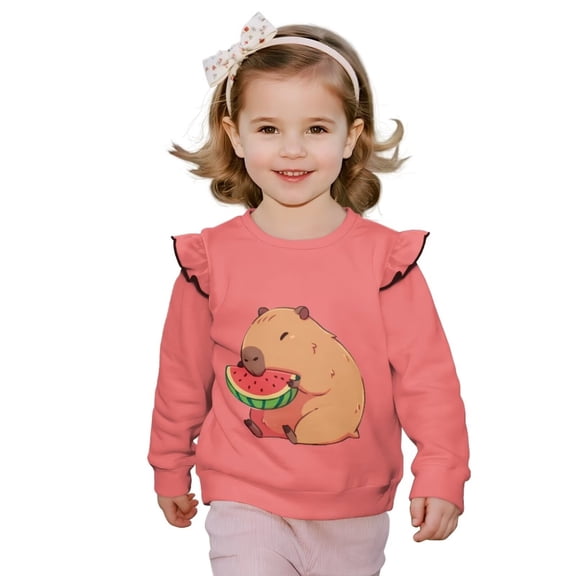 Garronmavis Capybara Girls Sweatshirts Fashion Watermelon Pullover Drop Shoulder Sweater Top Polyester Spandex Fabric Ruffle Long Sleeve Girls Top 8T Stylish for Outdoor Activities