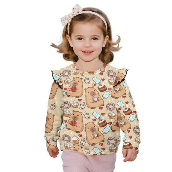 Garronmavis Capybara Long Sleeve Sweatshirt Polyester Spandex Fabric Dessert Pullover Drop Shoulder Sweater 3T Warm Girls Crewneck Sweatshirt Ruffle Toddler Girl Clothes for Daily Life