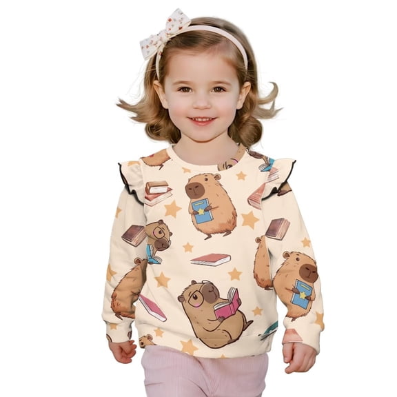 Garronmavis Capybara Pullover Sweatshirt Comfortable Books Casual Long Sleeve Fall Winter Tops Versatile Girls Crewneck Sweatshirt Stylish Girl's Graphic Shirts Top for Girls Aged 5-6