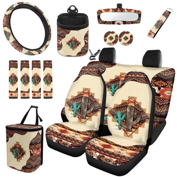 Garronmavis Car Front Seat Cover Rear Split Bench Cover Steering Wheel Cover Seat Belt Cover Air Vent Car Organizer Car Trash Can Rearview Mirror Cover Coasters Keychain 15pcs Southwest Aztec Cactus