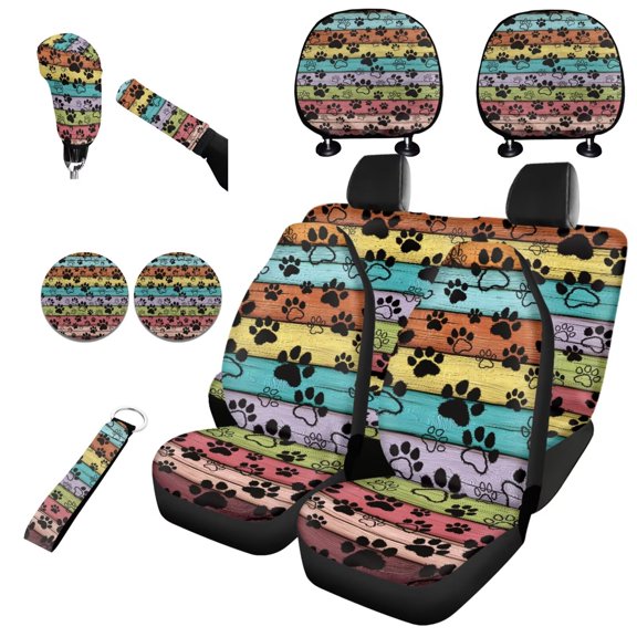 Garronmavis Car Seat Cover Full Set of 11pcs with Headrest Protector Lanyards Key Chain Cup Pad Gear Shift Knob & Handbrake Sleeve Automotive Seat Cover Accessories Colorful Plank Dog Paws