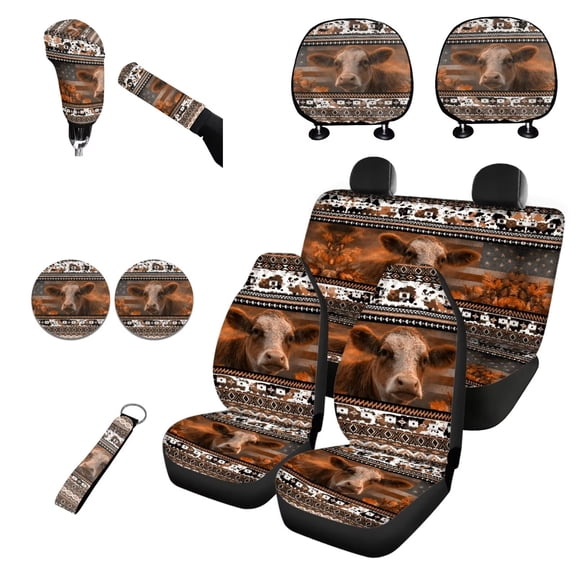 Garronmavis Car Seat Cover Full Set of 11pcs with Headrest Protector Lanyards Key Chain Cup Pad Gear Shift Knob and Handbrake Sleeve Automotive Seat Cover Accessories Aztec Highland Cow