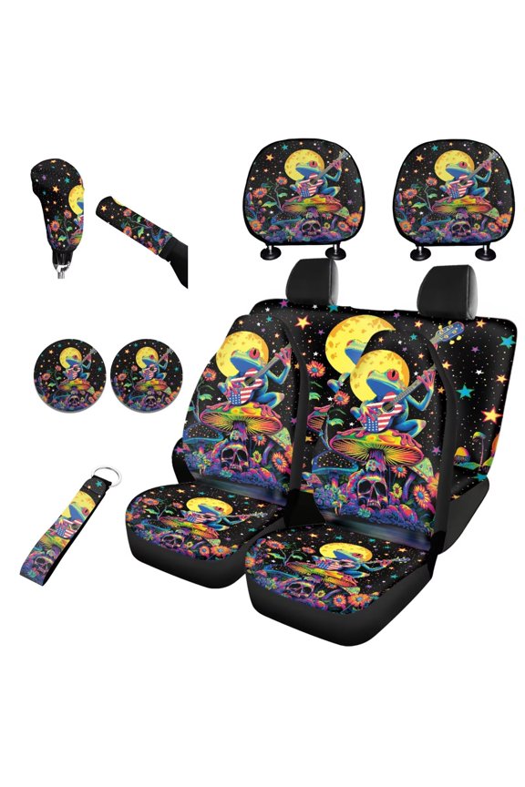 Car Seat Cover Set of 11 Pieces Lanyard Key Chain Car Coasters Headrest Cover Gearshift Handle and Handbrake Sleeve Dreamy Mushroom Frog Automotive Interior Accessories Universal
