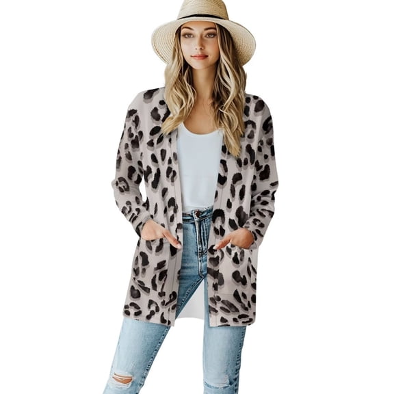 Garronmavis Cardigan Sweaters for Women Open Front Knit Sweater Lightweight Cardigan Jacket Plus Size Fall Coats Loose Cover Up Casual Blouse Tops Gray Leopard