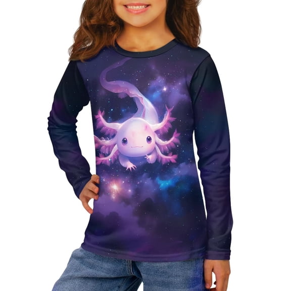 Garronmavis Cartoon Axolotl Girls Long Sleeve T-Shirts 7-8 Soft Casual Crewneck Loose Fit Tee Tops for Girls Warm Kids Basic Soft Long Sleeve Tees Top for Outdoor Activities
