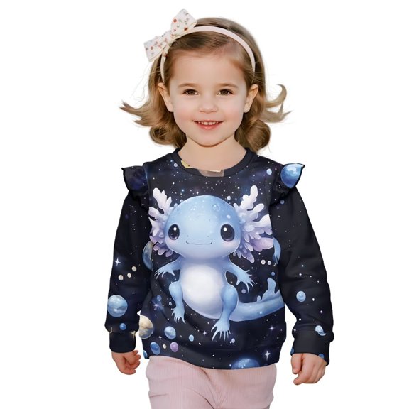 Garronmavis Cartoon Axolotl Toddler Girl Sweatshirt 4T Warm Pullover Drop Shoulder Sweater Ruffle Pullover Crewneck Long Sleeve Shirt Stylish Girls Crewneck Sweatshirt for Toddler Kids
