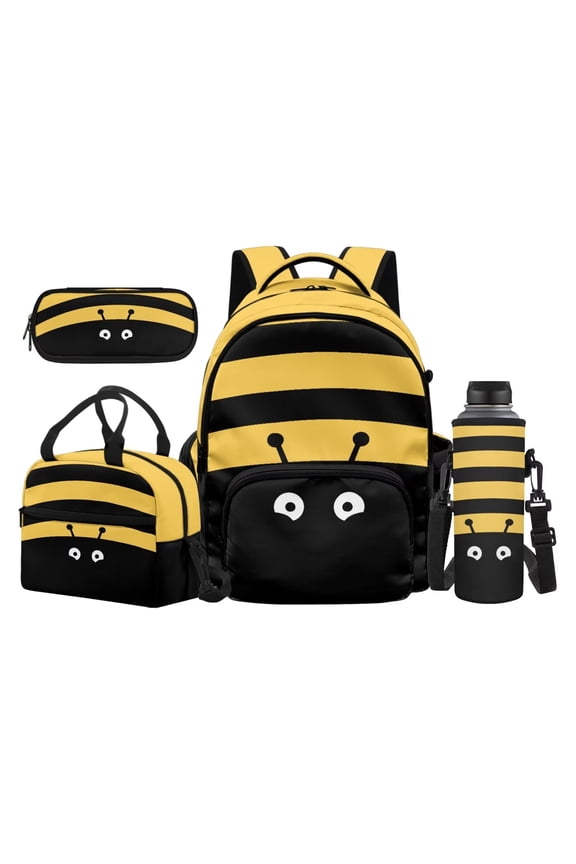 Cartoon Bee Stripe 4PCS School Backpack Set, 17 Inch Breathable Kids Casual Bookbag with Insulated Lunch Bag, Pencil Pouch and Water Bottle Holder