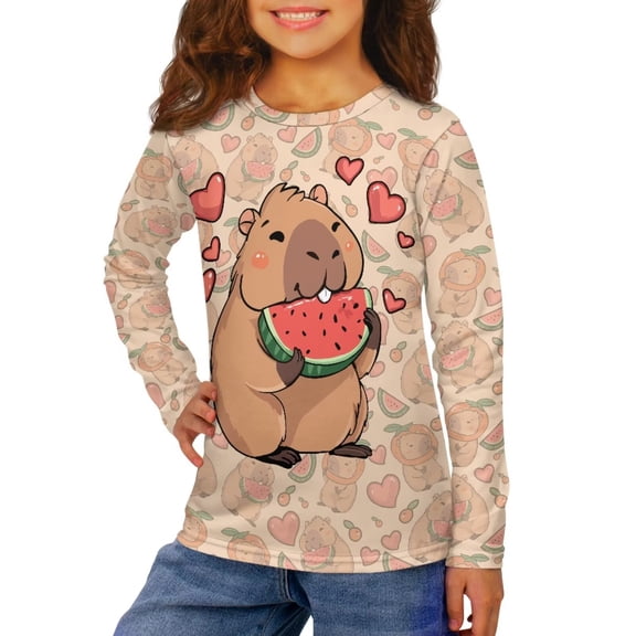 Garronmavis Cartoon Capybara Girls Long Sleeve T-Shirts 3-4 Casual Watermelon Long Sleeve Crewneck T-Shirts Tee Tops Versatile Kids Fall Tops Crewneck Basic Tees for Daily Life