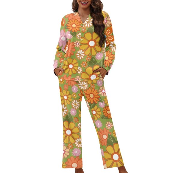 Garronmavis Cartoon Floral Womens Pajama Set Long Sleeve Pjs V-neck Sleepwear Button Down Tops with Pj Pants with Pocket Loungewear Night Suits
