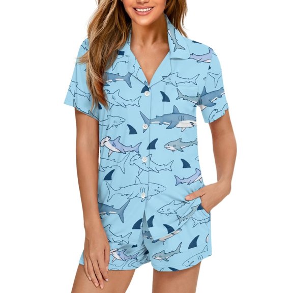 Garronmavis Cartoon Sharks Pajama Set for Women Summer Short Sleeve Pjs Set Comfy Lounge Set Notch Collar Sleepwear with Pockets