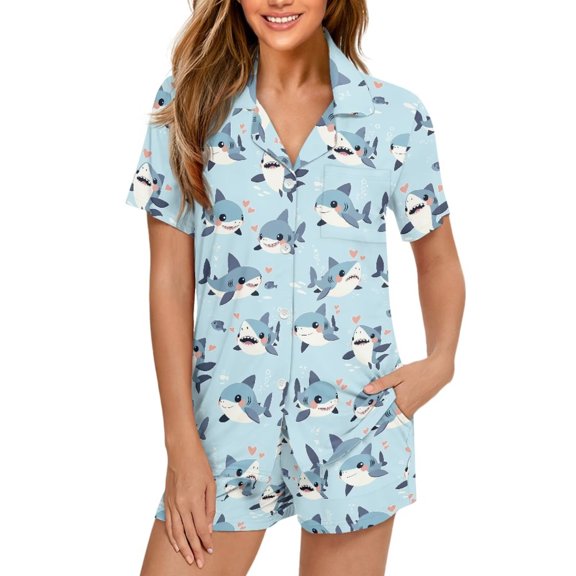 Garronmavis Cartoon Sharks Women's Floral Pj Set Short Sleeve 2 Piece Button Up Pajamas Sleepwear V Neck Cozy Soft Pjs Lounge Set for Mommy and Me with Pockets