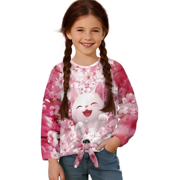 Garronmavis Cat Girls Long Sleeve T-Shirts 9-10 Warm Cherry Blossom Long Sleeve Crewneck T-Shirts Tee Tops for Girls Comfortable Casual Crewneck Loose Fit Tee Tops for Daily Life