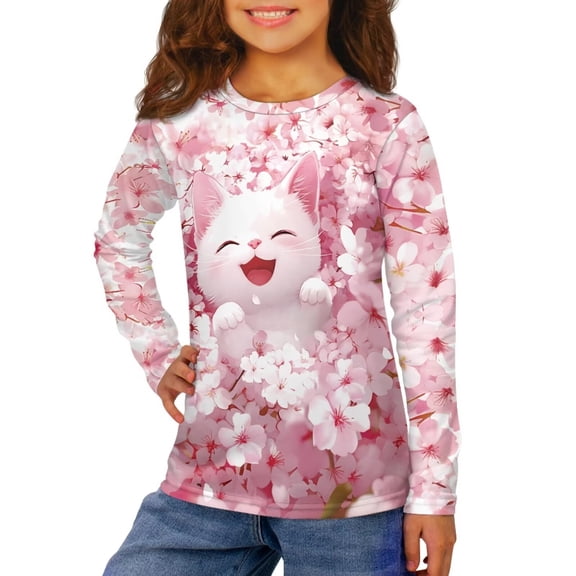 Garronmavis Cat Girls Long Sleeve T-Shirts Size 7-8 Casual Cherry Blossom Long Sleeve Crewneck T-Shirts Tee Tops Versatile Kids Fall Tops Crewneck Basic Tees for Daily Life