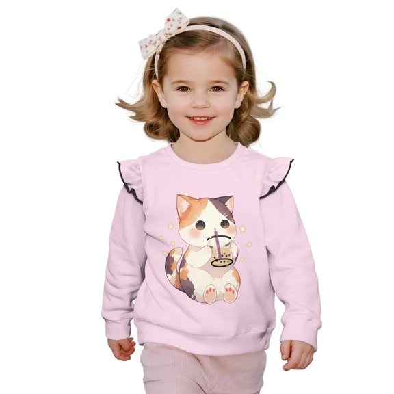 Garronmavis Cat Long Sleeve Sweatshirt Loose Milk Tea Girls Pullover Crewneck Sweatshirt Versatile Ruffle Long Sleeve Girl Top Comfortable Casual Pullover Tops for Girls 5-6 Years Old